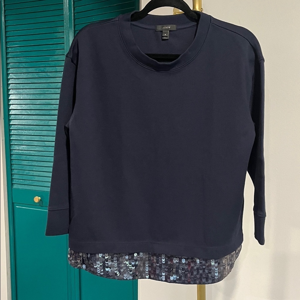 J.Crew Navy Sequined Hem Sweatshirt – Size Small (possible med fit) - Picture 2 of 6